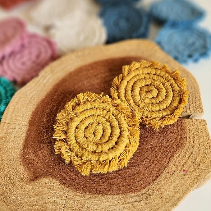 Cotton Car Coasters for Cup Holders, 2PC Car Cup Coasters, Drink Coaster Holder, Cute cupholder Coaster Accessories for Women, Macrame, Boho (Sunshine Yellow)