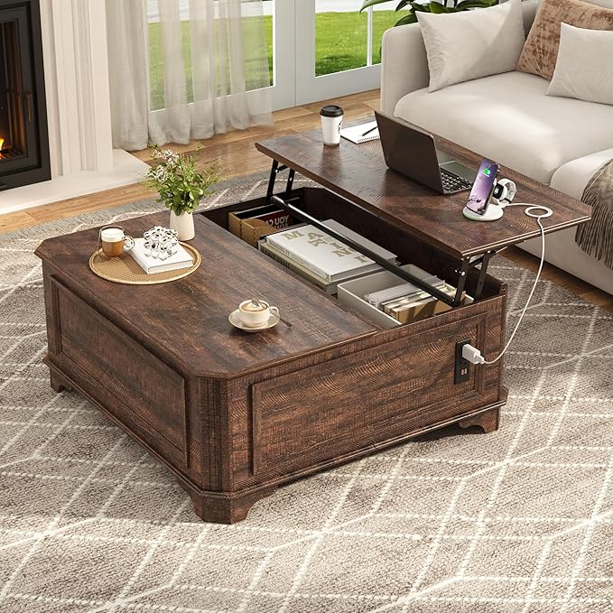 40 Inch Farmhouse Lift Top Coffee Table with Charging Station & Hidden Storage - Square Center Table with Adjustable Lifting Top, Large Storage Cabinet for Living Room, Bedroom, Home Office, Brown