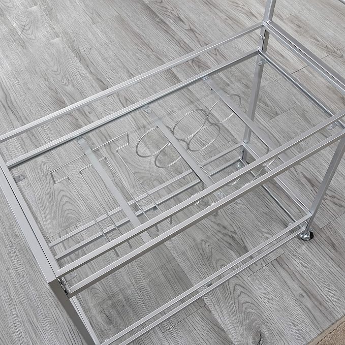 FirsTime & Co. Silver Delilah Bar Cart, 2 Tier Mobile Mini Bar, Kitchen Serving Cart and Coffee Station with Storage for Wine and Glasses, Metal and Glass, Modern