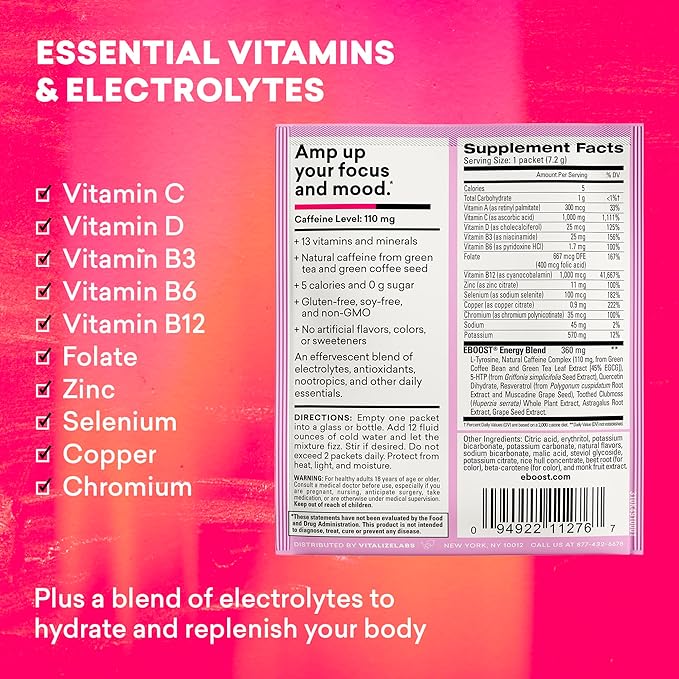 EBOOST Energy Drink & Electrolyte Powder, 20 Packets - Super Powder Pink Lemonade with No Added Sugar - Essential Blend of Vitamins, Nootropics & Natural Caffeine and Hydration - Pre & Post Workout