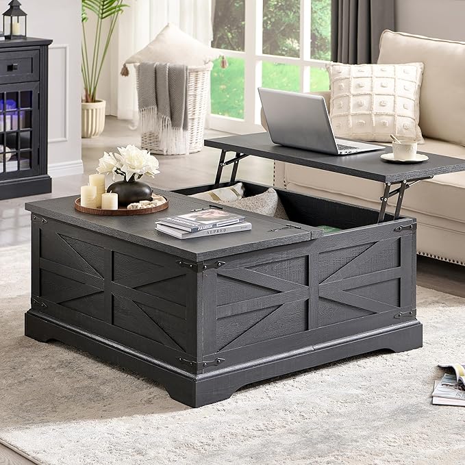 JXQTLINGMU Farmhouse Lift Top Coffee Table with Storage, 36" Wood Square Center Table with Large Hidden Compartment, Rustic Lift Tabletop Dining Table for Home Living Room, Black