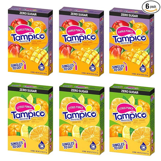 SINGLES TO GO! Tampico Variety, Singles To Go Powdered Drink Mix, 3 Boxes of Mango Punch and Citrus Punch, Excellent Source of Vitamin D and Zero Sugar (Pack of 6)