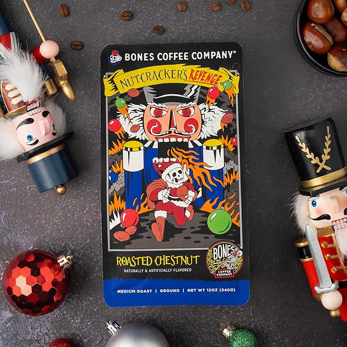 Bones Coffee Company Nutcracker's Revenge, Roasted Chestnut Flavored Coffee, Medium Roast Low Acid Arabica Beans Compatible with Auto drip and French Press Coffee Maker, 12 Oz Whole Bean