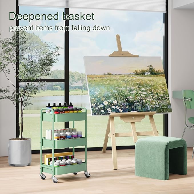 3 Tier Rolling Storage Cart Metal with Wheels, Green Baby Diaper Caddy Carts, Three Tiered Craft Cart Organizer on Wheels, Utility Roller Trolley for Art, Book, Snack, Office, Laundry, Bathroom Shelf