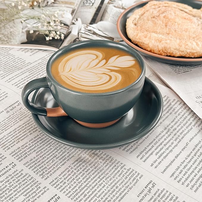 MORA Ceramic Latte Art Mug With Saucer - 10.5 oz, Round Bottom For Perfect Pours - Cafe Cups for Cappuccino, Espresso, Coffee, Tea etc - Porcelain Set for Baristas, Great Gift - Shadow Grey
