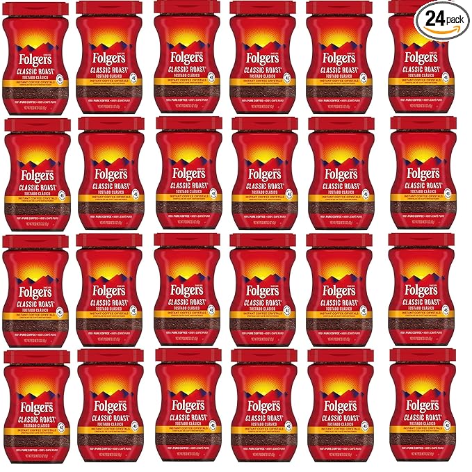 Folgers 20083 Classic Roast Instant Coffee Crystals, 3 Ounces, 100% Pure Coffee, Medium Roast, Easy-open Flip Top Lid, Portable Plastic Jar, Pack of 24