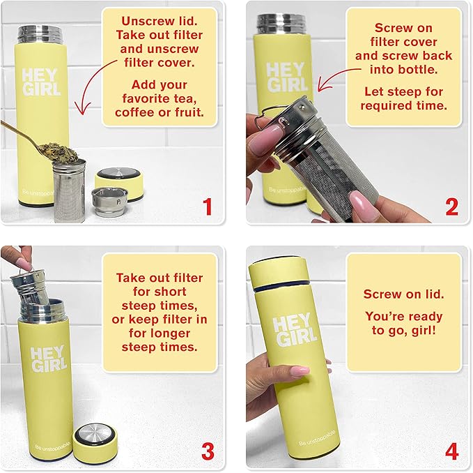 Hey Girl Tea Infuser Bottle 450ml - Insulated Stainless Steel Water Bottle - Tea Tumbler with Tea Diffuser - Portable Travel Mug for Loose Leaf Tea & Infused Water - Tea Lovers Gifts for Women