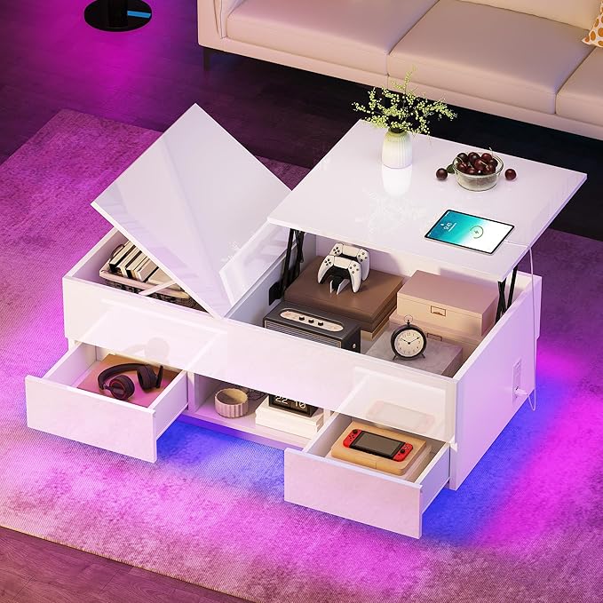 YITAHOME LED Lift Top Coffee Tables for Living Room with Power Outlets Charging Station, Modern Coffee Table with Storage 2 Drawers and Open Shelfs Rectangular Small Coffee Table Decor, Glossy White