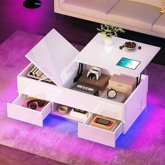 YITAHOME LED Lift Top Coffee Tables for Living Room with Power Outlets Charging Station, Modern Coffee Table with Storage 2 Drawers and Open Shelfs Rectangular Small Coffee Table Decor, Glossy White