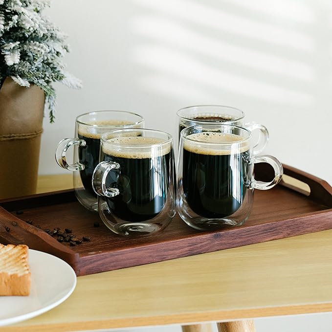 BTaT- Double Walled Glass Coffee Mugs, 16 oz, Set of 4, Glass Coffee Cups with Handle, Insulated Clear Coffee Mug for Hot and Cold Beverages, Cappuccino, Latte, Tea, Americano, Microwave Safe