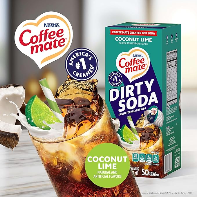 Nestle Coffee mate Creamer, Dirty Soda Coconut Lime Flavor, Liquid Creamer Singles, Non Dairy, No Refrigeration, 0.375 fl oz Tubs (Pack of 200)