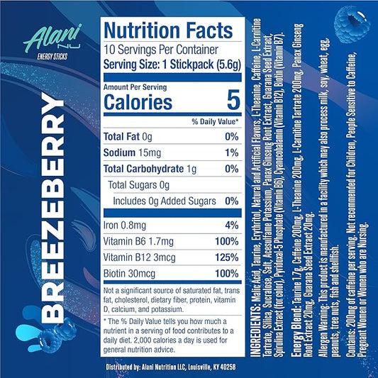 Alani Nu BREEZEBERRY, Energy Sticks Drink Powder, 200mg Caffeine, Pre Workout Performance with Antioxidants, On-The-Go Drink Mix, Biotin, B Vitamins, Zero Sugar, 5 Calories, 10 Pack