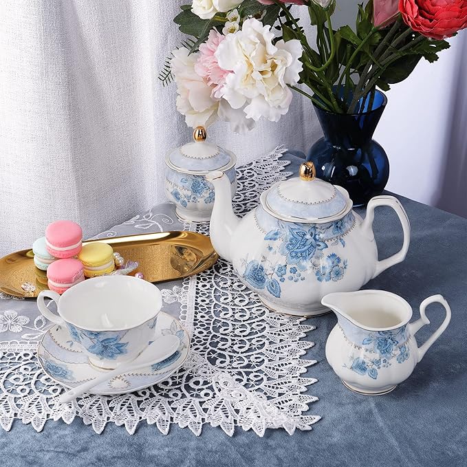 fanquare Blue Flowers Porcelain Tea Set, Tea Cup and Saucer Set Service for 6, Wedding Tea Set with Sugar Bowl Cream Pitcher, Floral Coffee Set for Tea Party