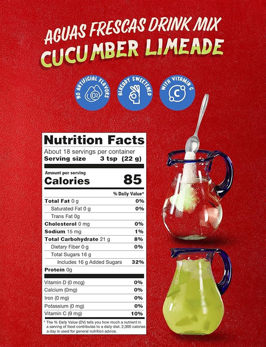 Klass Aguas Frescas Drink Mix Family Pack - Cucumber Limeade - Powder Drink Mix, Water Drink Mix with Natural Flavors & Vitamin C, Makes 28 to 36 Quarts (56 to 72 Drinks)