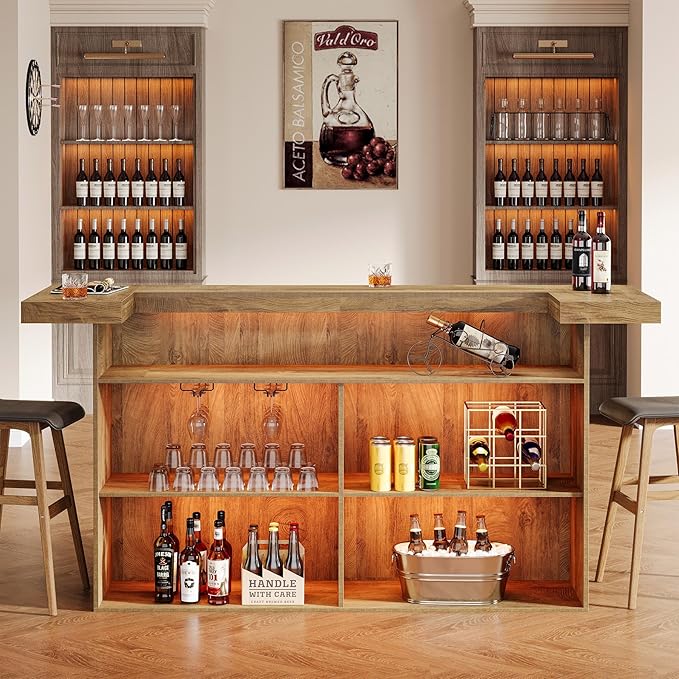 Tribesigns 4-Tier Bar Table, 70.9-Inch Large Wooden Home Bar Unit with Wine Glass Holder and Black Footrest, Pub Table with Storage Shelves for Basement, Dining Room, Living Room, Light Brown