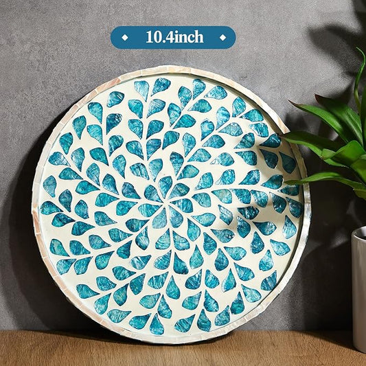 Chunful Mother of Pearl Round Serving Tray Wood Coffee Table Tray 10.4 Inch for Tea Breakfast Kitchen Cabinet(Teal Floral Style)