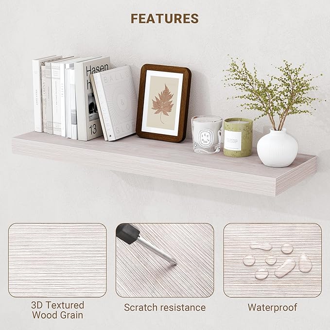 24 Inch Floating Shelves, 3D Textured Wood Grain, 24"x9.25"x1.5" Inch Deep Floating Shelves for Wall, Wooden Shelves for Bathroom, Bedroom, Living Room, Washed White, 2 Pieces