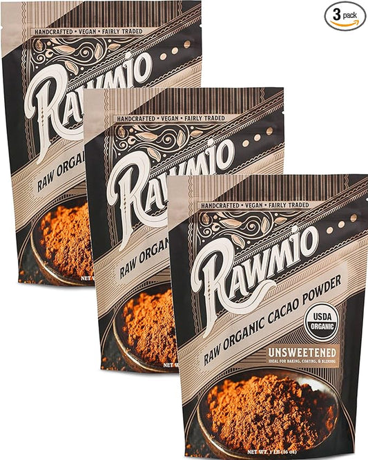 Rawmio Raw Organic Cacao Powder - Nutrient-Dense with Dietary Fiber, Iron, & Calcium - Rich & Creamy Raw Cacao for Drinking or Baking - Organic Cocoa Powder Alternative - 16 oz, Pack of 3