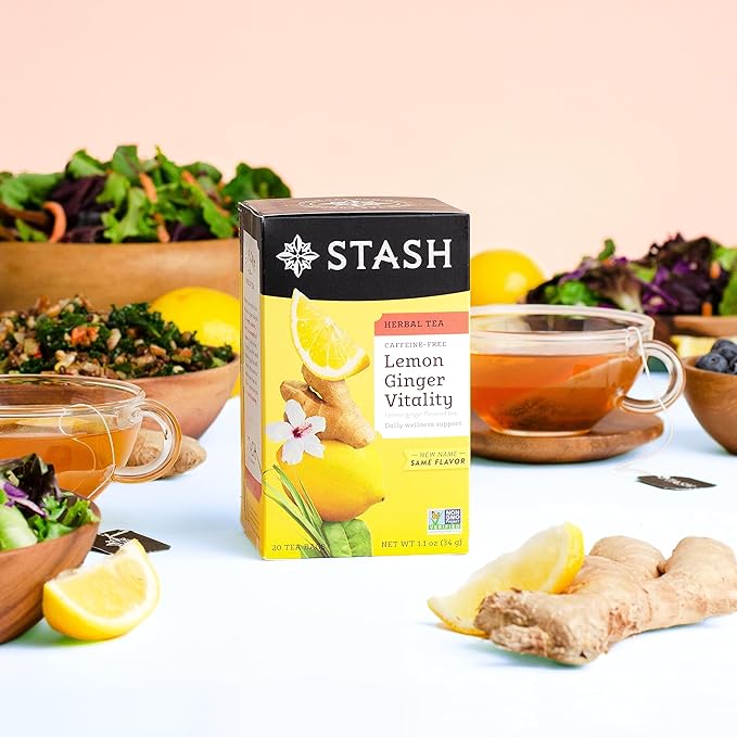 Stash Tea Lemon Ginger Vitality Herbal Tea - Naturally Caffeine Free, Non-GMO Project Verified Premium Tea with No Artificial Ingredients, 20 Count (Pack of 6) - 120 Bags Total