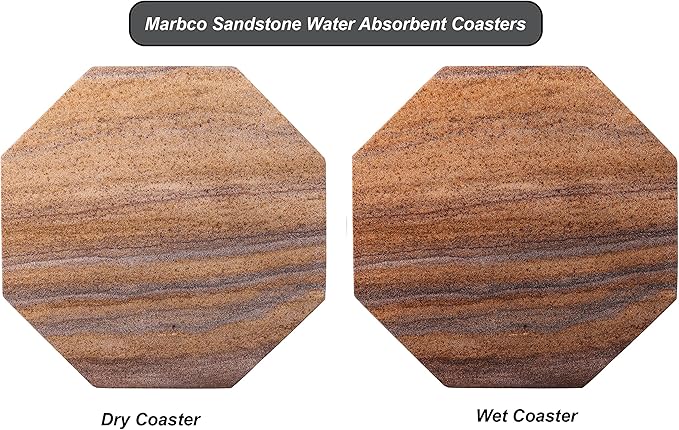 Sandstone Water Absorbent Hand Crafted Octagon Coasters with Holder for Drinks 4 Inches Wide Thirsty Stone Bar/Drink Coasters Made from Real Solid Stone (with Holder, Set of 6)