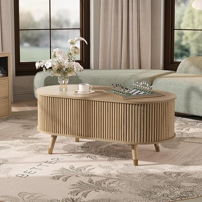 42.5" Oval Lift Top Coffee Table with Storage, Modern Oak Center Table with Fluted Design, Solid Wood Legs & Hidden Compartment, Pop Up Cocktail Table for Living Roomm