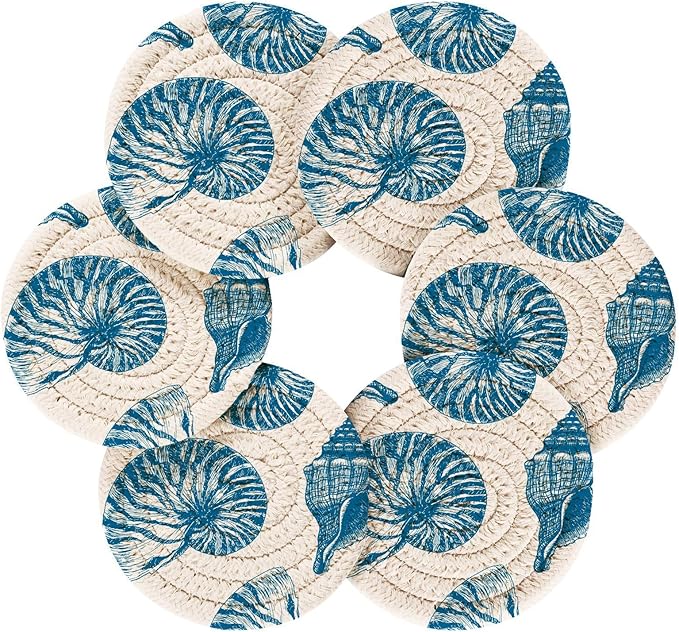 Coasters for Drinks with Holder Blue Shell Starfish Retro Ocean Drink Coasters Set of 6 Absorbent Decorative Bar Coasters Cotton Woven Coasters for Coffee Table Protection