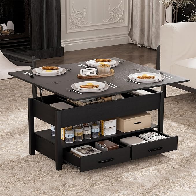 42'' Lift Top Coffee Table, 4-in-1 Multifunctional Lift Coffee Table with Storage & Hidden Compartments, Farmhouse Coffe Table with Lifting top for Living Room, Dining Reception Room, Black
