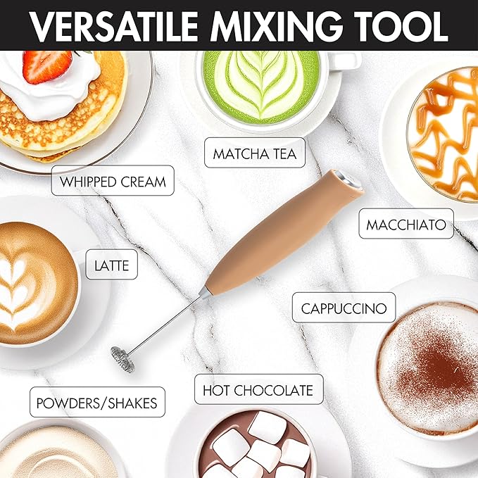 Primula Handheld Electric Milk Frother, Powerful Motored Whisk, Portable Battery-Powered Mini Drink Mixer for Latte, Cappuccino, Matcha & More, Brown