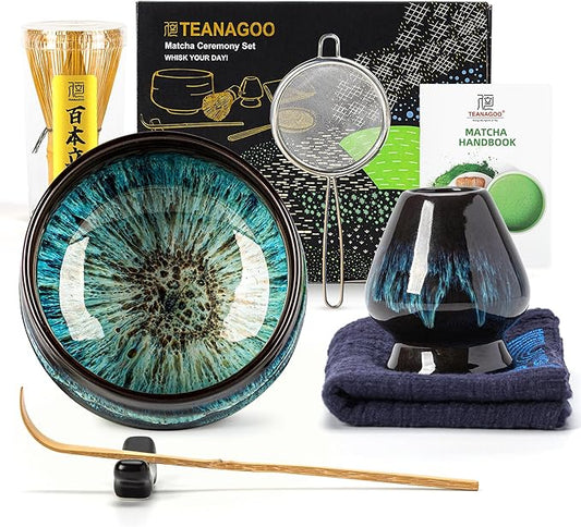TEANAGOO Matcha Whisk Set, 7 Pcs Matcha Set with Holder/Scoop/Sifter, Matcha Kit for Ceremony, Tradition Tea Set for Making Breakfast/Latte, Matcha Whisk Set and Ceramic Bowl, Gift for Friend/Family