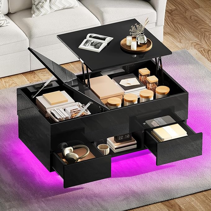 YITAHOME LED Lift Top Coffee Tables for Living Room with Power Outlets Charging Station, Modern Coffee Table with Storage 2 Drawers & Open Shelfs Rectangular Small Center Cocktail Table, Glossy Black