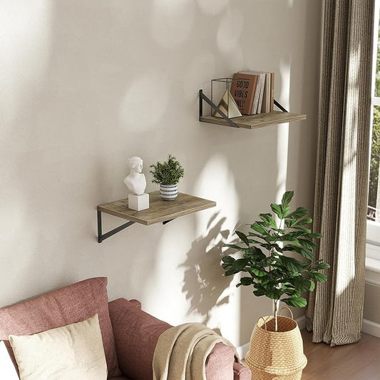 Deep Floating Shelves Wall Mounted, 16"x12" Gray Wall Shelves with Brackets Set of 2 for Bedroom, Living Room, Bathroom, Kitchen, Office - Storage & Display Shelf for Decor, Books, Plants