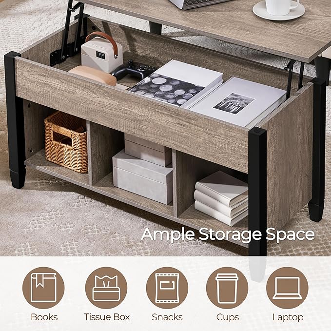 Yaheetech Gray Coffee Table, Lift Top Coffee Table with Hidden Compartment & Shelf, Lift Up Dining Table for Living Room Reception, Retro Central Table with Wooden Lift Tabletop, 41 inch L
