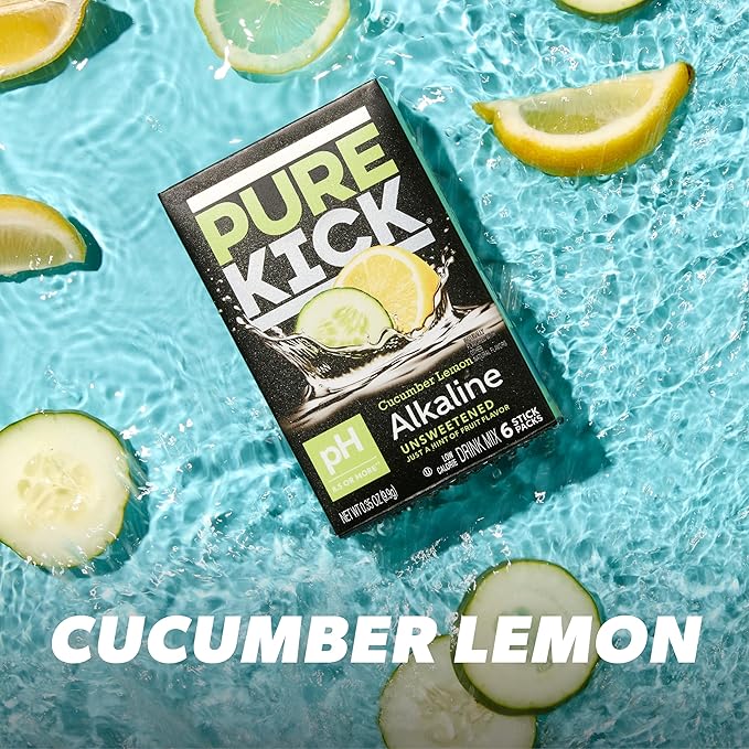 Pure Kick Alkaline pH 8.5 or Higher Cucumber Lemon Powdered Drink Mix Packets, Unsweetened with a Hint of Flavor - 72 Total Packets (12 Boxes, 6 Each), Singles to Go!