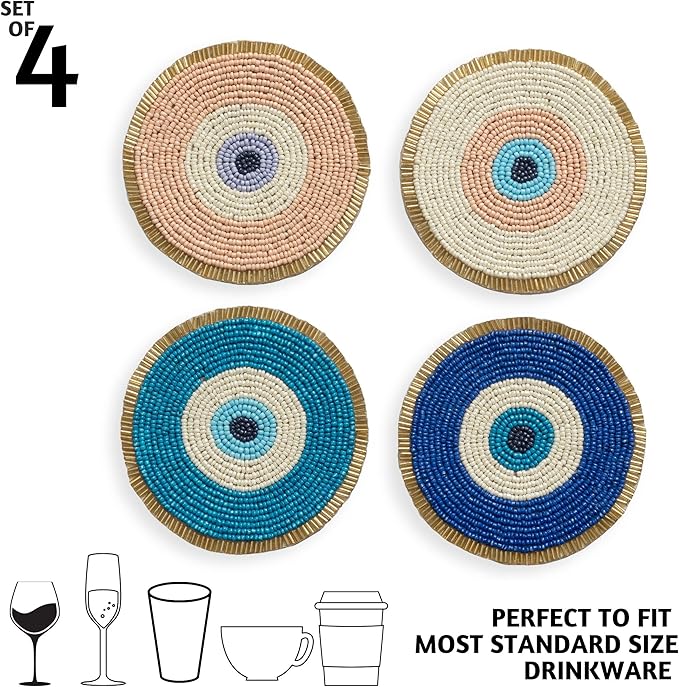 Folkulture Hand-Crafted Evil Eye Beaded Coasters Set of 4 | Handmade Round Drink Coasters for Coffee Table & Bar | Boho Modern Home Décor | Housewarming Gifts, Valentine Gifts