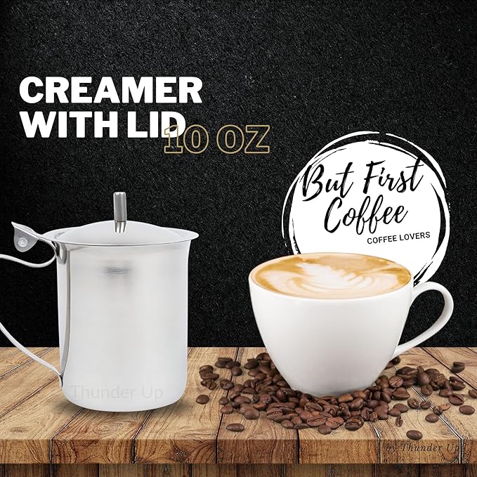 Thunder Up Creamer with Lid 10 Oz, Coffee Creamer Container, Small Stainless Steel Milk Pitcher, Coffee Cream Dispenser, Creamer Pitcher with Lid
