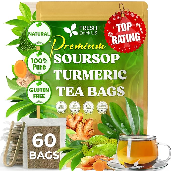 FreshDrinkUS, Premium 60 Soursop Turmeric Tea Bags, 100% Natural, Blend of Soursop Leaves, and Turmeric Root. Made with Natural Material Tea Bags. No Sugar, Vegan. | Premium, 100% Natural, No Sugar, Vegan