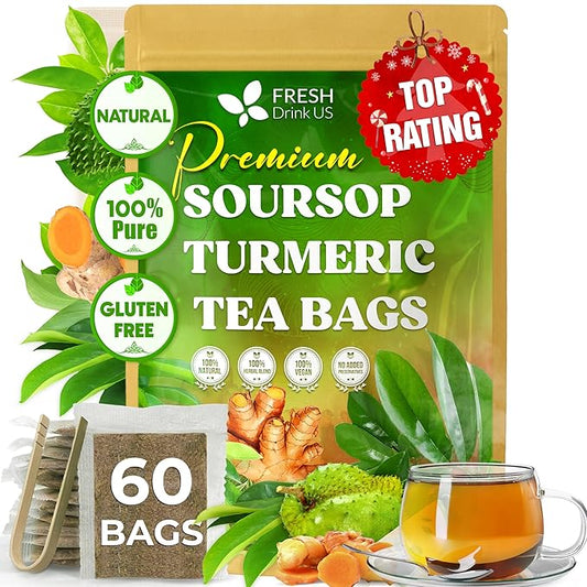 FreshDrinkUS, Premium 60 Soursop Turmeric Tea Bags, 100% Natural, Blend of Soursop Leaves, and Turmeric Root. Made with Natural Material Tea Bags. No Sugar, Vegan. | Premium, 100% Natural, No Sugar, Vegan