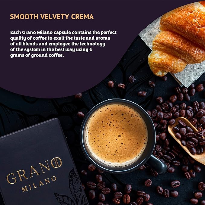 Grano Milano Lungo - 50 Espresso Pods Compatible with Nespresso Original line, 100% Arabica Medium Roast - Intensity 7/12, Coffee Capsules Made in Italy Espresso Coffee