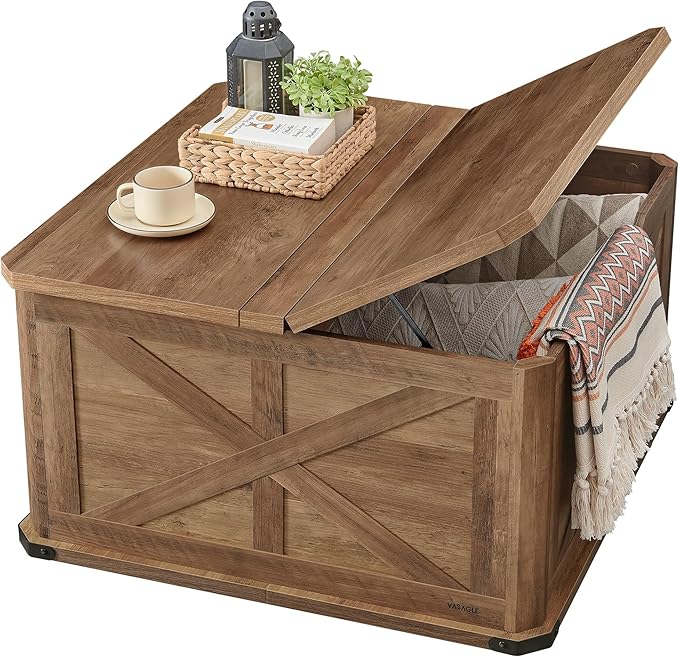 VASAGLE LIRY Collection - Farmhouse Coffee Table with Storage, Square Center Coffee Table for Living Room, with Hidden Compartment, Flip-Top Lids, Honey Brown ULCT232K41