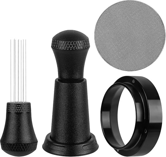 53mm Espresso Tool Set - WDT Distribution Tool, Dosing Funnel, Puck Screen & Stainless Steel Portafilter Ring Suitable for Home and Commercial Use