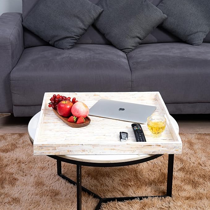 PEMAR Extra Large 20" Square Mother of Pearl Ottoman Tray with Insert Handles, Oversized Decorative Luxury Wooden Serving Tray for Food, Coffee Table, Breakfast in Bed (White Cream)