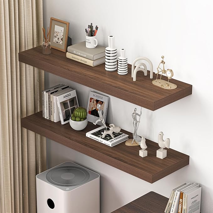Dreamland 48" Floating Shelves for Wall, 12" Deep Thicker Walnut Floating Shelves, Wall-Mounted Shelves for Bedroom, Living Room, Kitchen, Bathroom - Set of 2