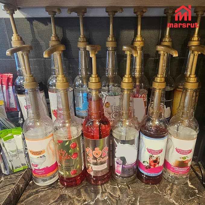 5pcs Coffee Syrup Pump Fit 25.4oz (750ml) Bottles, Lockable Open Dispenser Accessories for Snow Cones Grenadine Mixes Liquids Pastes Dinning Drinking Cocktails Tea Beverage For Bar Home Kitchen, Gold