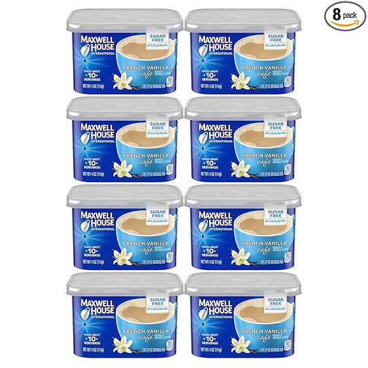 Maxwell House International Sugar Free French Vanilla Cafe Instant Coffee, Caffeinated, 4 Oz Can (Pack-8)
