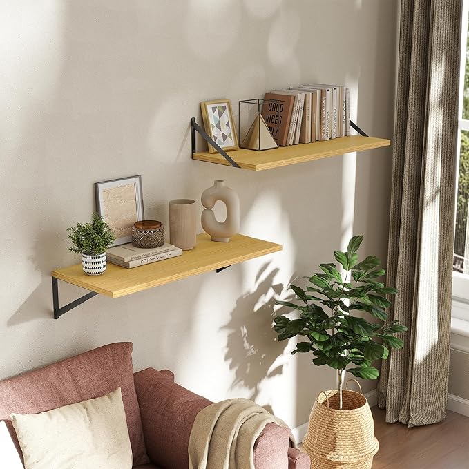 Deep Floating Shelves Wall Mounted, 30"x12" Oak Wall Shelves with Brackets Set of 2 for Bedroom, Living Room, Bathroom, Kitchen, Office - Storage & Display Shelf for Decor, Books, Plants