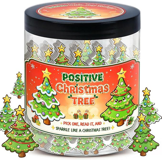 Positive Christmas Tree Jar with 60 Daily Affirmation Cards, Emotional Support Gift, Funny Holiday Decor for Home or Office, Christmas Decorations and Gifts for Women Men Teens and Coworkers