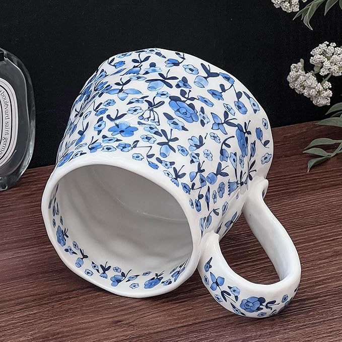 Large Ceramic Coffee Mug Cute Flower with Handmade Big Handle, 20oz Girly Blue Floral Tea Cup for Women Valentine Gift, Novelty Irregular Oversized Christmas Mugs for Latte Tea Milk Cocoa