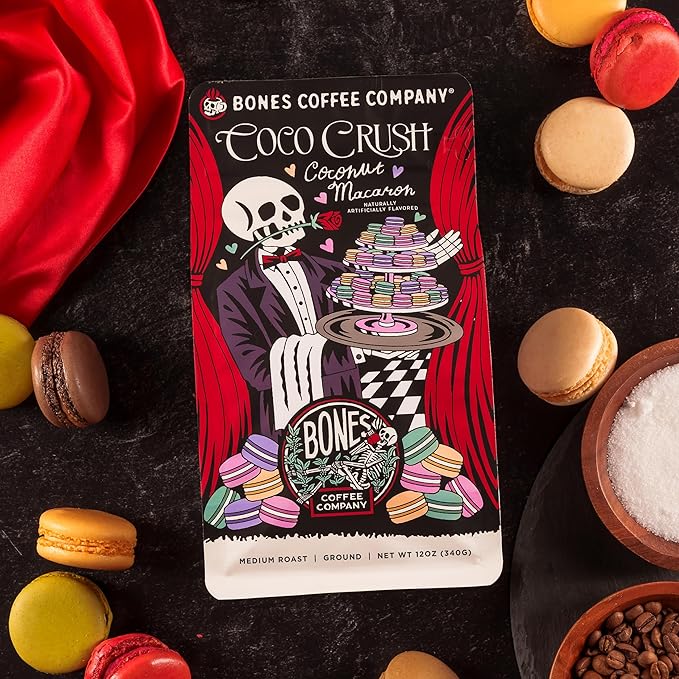Bones Coffee Company Coco Crush, Coconut Macaron Flavored Coffee, Medium Roast Low Acid Arabica Beans Compatible with Auto drip and French Press Coffee Maker, 12 Oz Ground