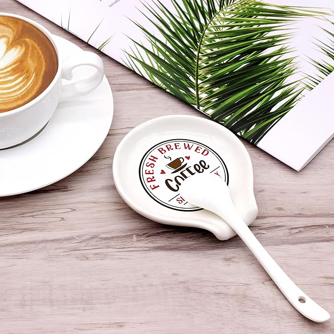 Funny Coffee Colored Pattern Ceramic Coffee Spoon Holder-Coffee Spoon Rest -Coffee Station Decor Coffee Bar Accessories-Coffee Lovers Gift for Women and Men (Fresh Brewed Coffee Served Daily)