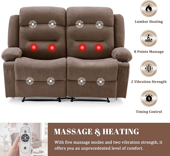 Oversized Recliner Loveseat with Heat and Massage, Wall-Hugger Reclining Sofa with Cup Holders and USB Port, Big Large 2-Seater Double RV Recliner Loveseat for Living Room (Fabric, Brown)